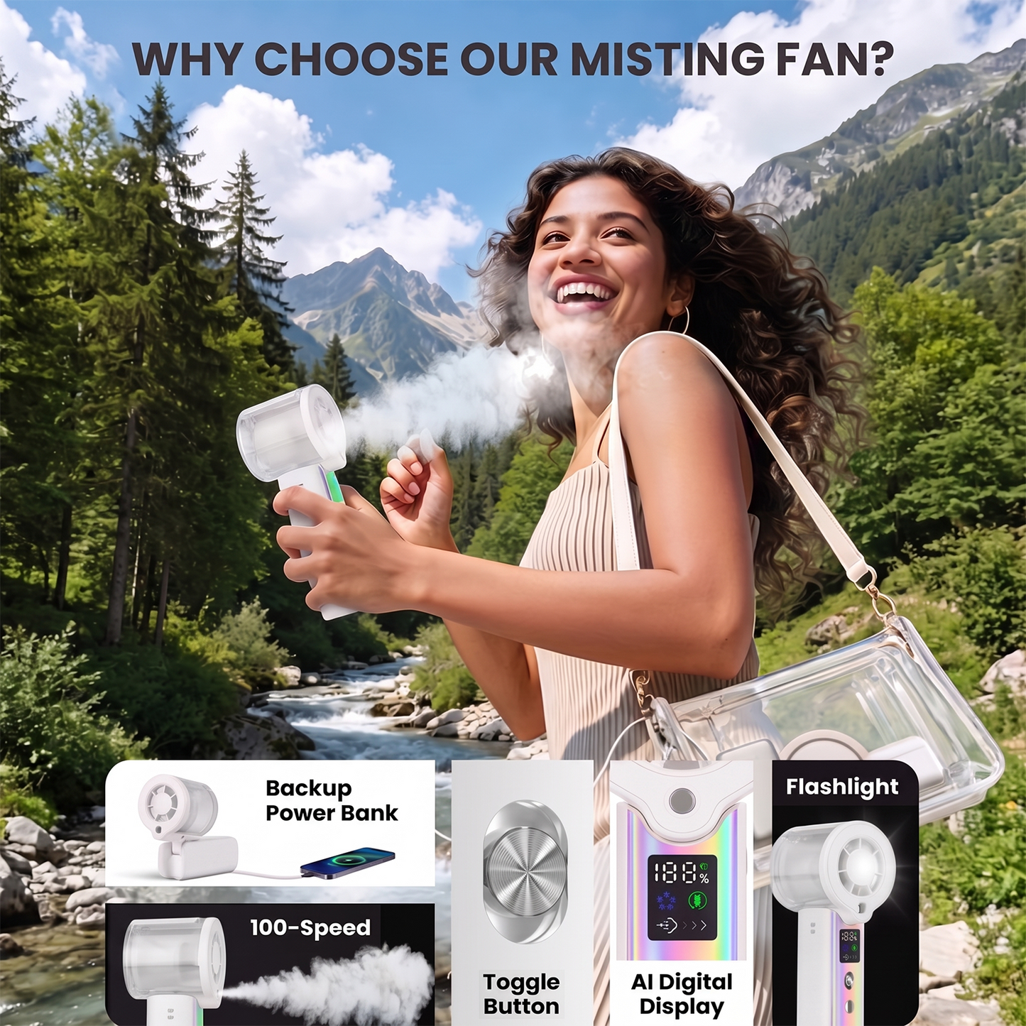MIBOTE Upgraded Misting Fan Portable Fan with Digital Display, 30ml Water Tank, Multiple Speeds, Portable for Outdoor and Travel –White