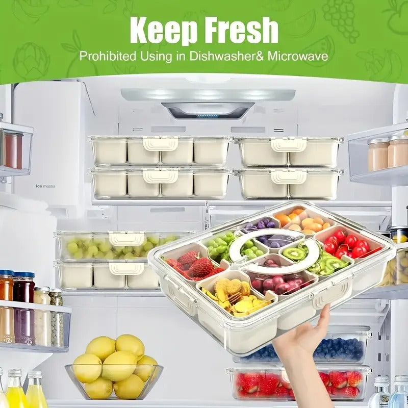Snackle Box Container, 8 Compartment Divided Serving Tray with Lid and Handle, Portable Snack Tray and Serving Platter for Party, Picnic, Perfect for Fruit, Candy and Treats