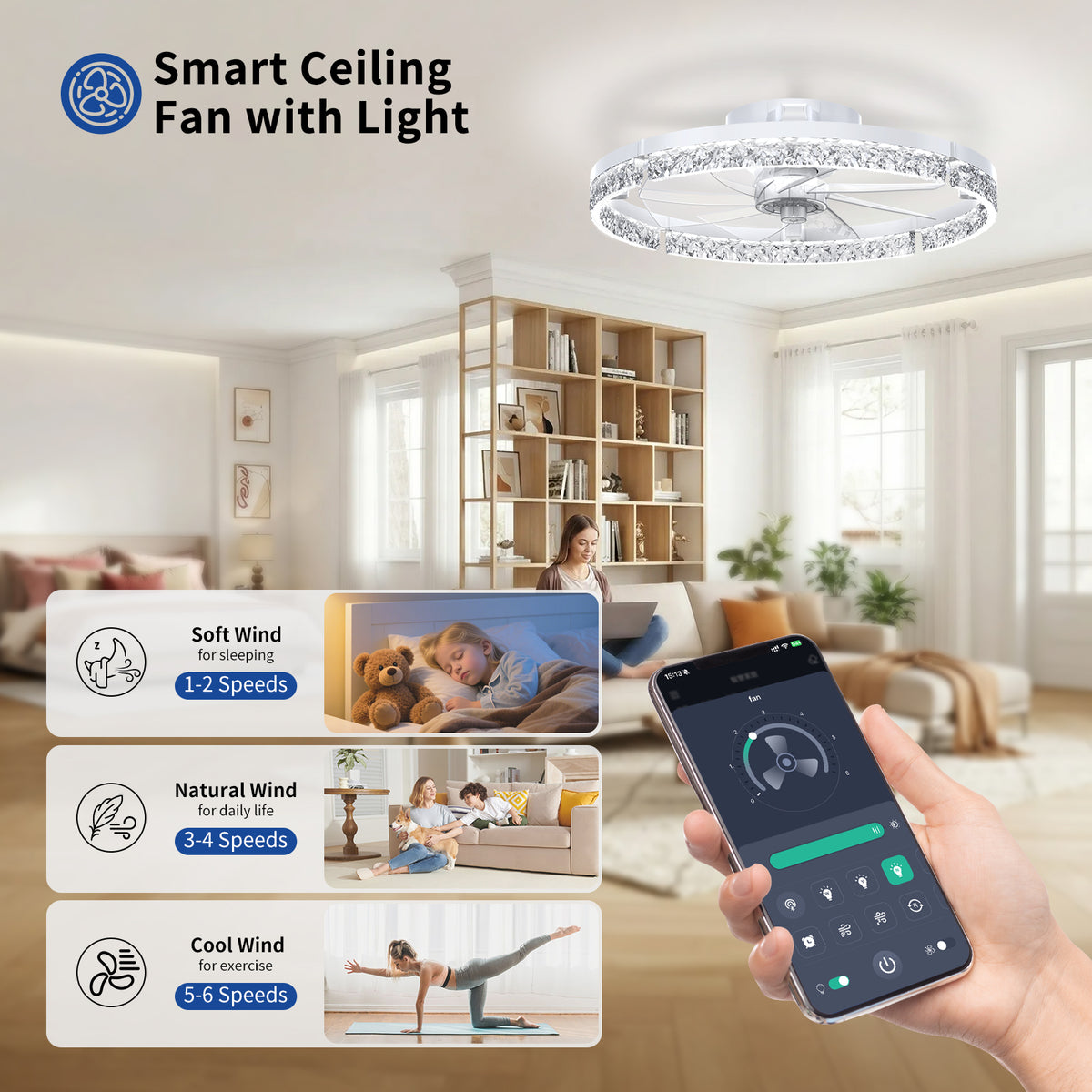 Ceiling Fans with Lights and Remote, 20'' Low Profile Ceiling Fans, 3000-6000K Dimmable Modern Flush Mount LED Fan Light