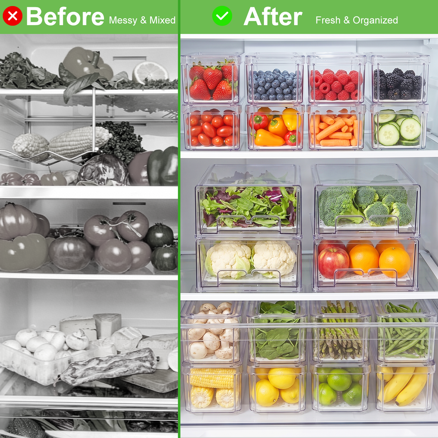 6 Pack Refrigerator Drawer Organizer Bins with Lids, Stackable Fridge & Pantry Storage Bins with Strainer Layer, Clear Plastic Storage Bins for Kitchen, Fruits, Vegetables, Drinks, Snack & Food