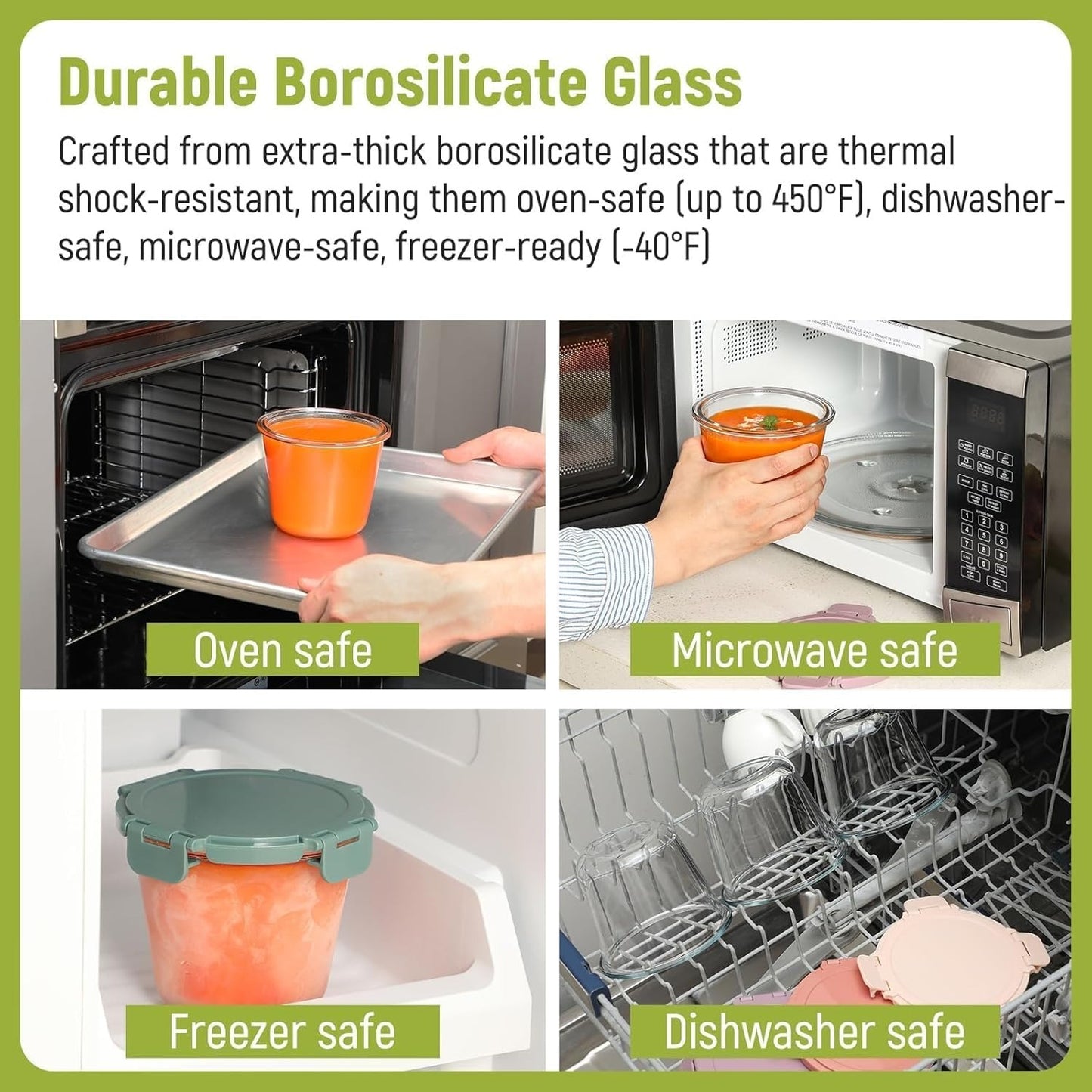 8 Pcs Glass Food Storage Containers with Airtight Lids, 3 Cup Round Lunch Box Jars for Soup Fruit Meal Prep - Microwave, Oven, Freezer Safe