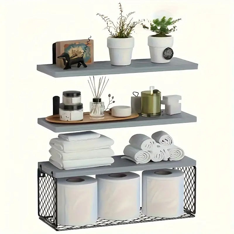 Bathroom Shelf Over Toilet, Bathroom Floating Shelves Wall Mounted with Wire Basket, Floating Shelf for Wall Decor - Rustic Brown