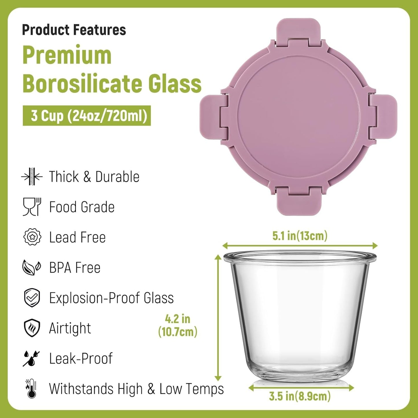 8 Pcs Glass Food Storage Containers with Airtight Lids, 3 Cup Round Lunch Box Jars for Soup Fruit Meal Prep - Microwave, Oven, Freezer Safe