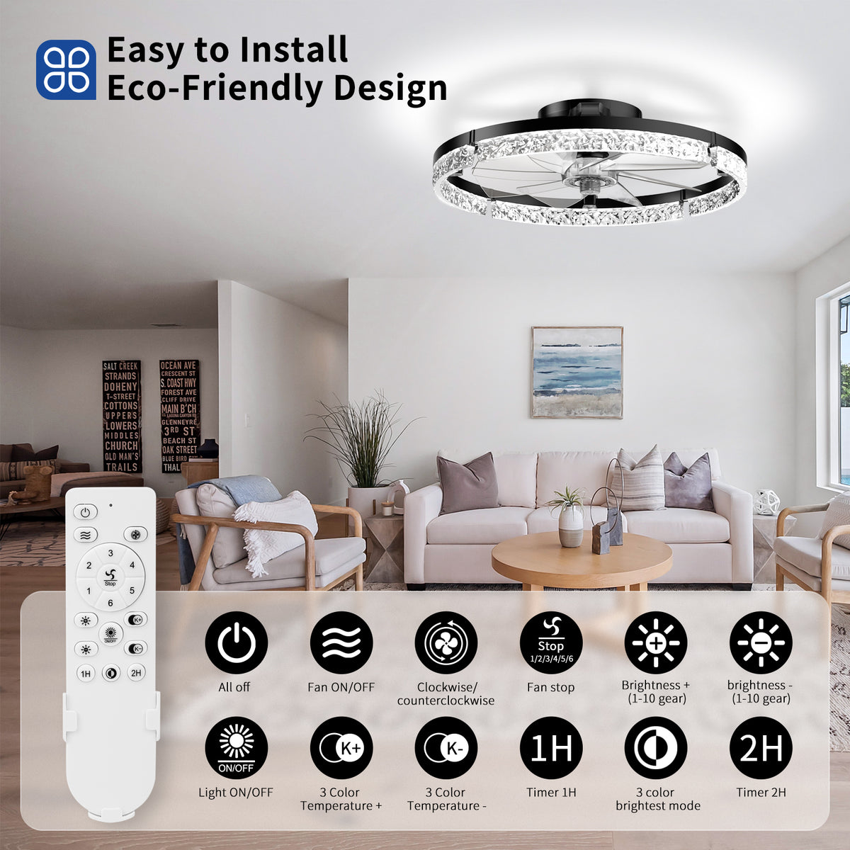 Ceiling Fans with Lights and Remote, 20'' Low Profile Ceiling Fans, 3000-6000K Dimmable Modern Flush Mount LED Fan Light