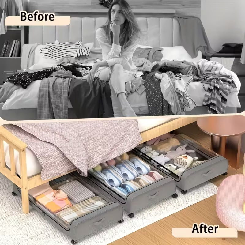 Under Bed Storage with Wheels, 2-Pack Under the Bed Storage Containers with Clear Lids & Label, Underbed Storage Bins for Clothes, Shoes - Grey