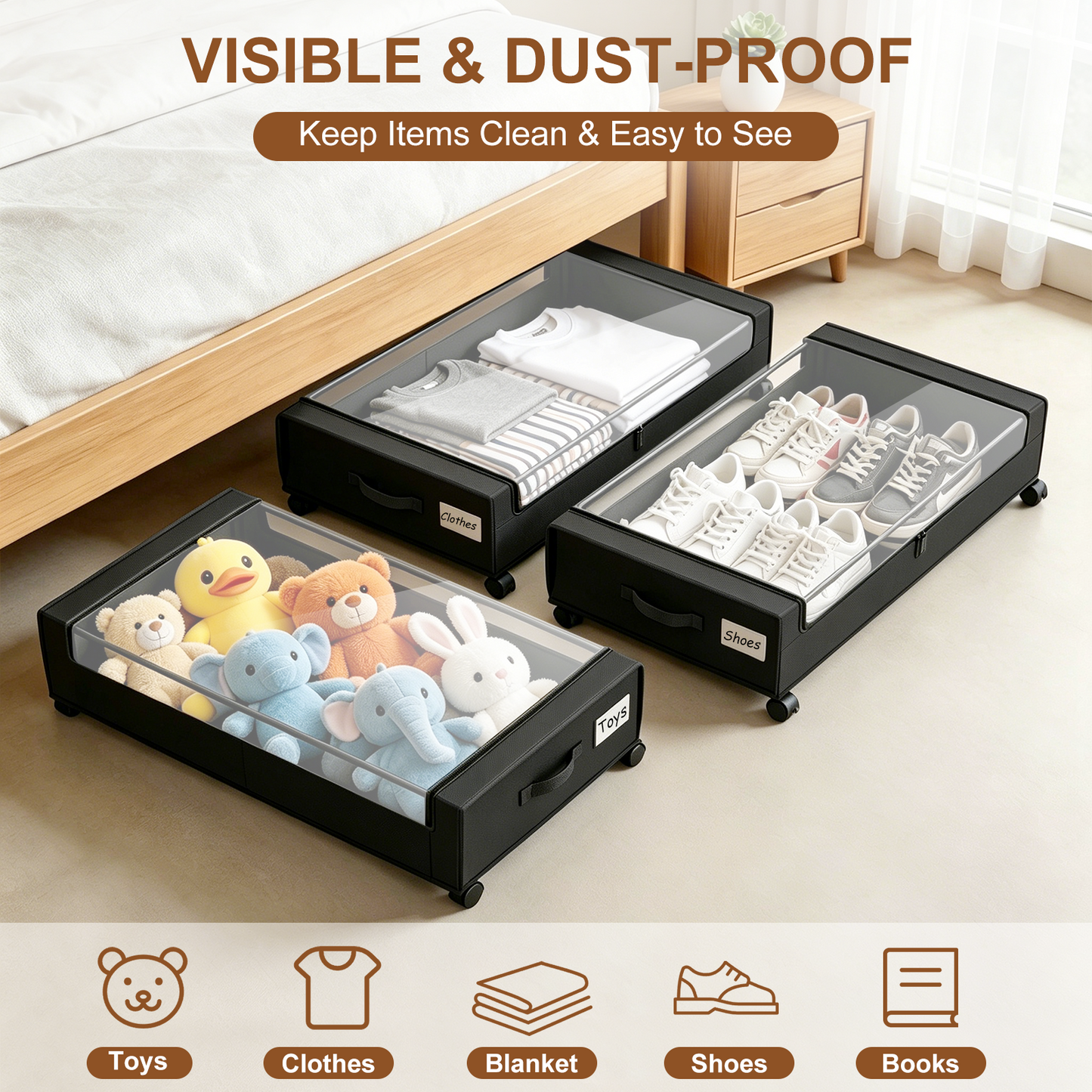 2-Pack Under Bed Storage with Wheels, Black Under Bed Storage Containers, Underbed Shoe Storage Organizer, Rolling Under Bed Metal Drawers for Clothes, Blankets(31.5 x 17.3 x 6.8 in)