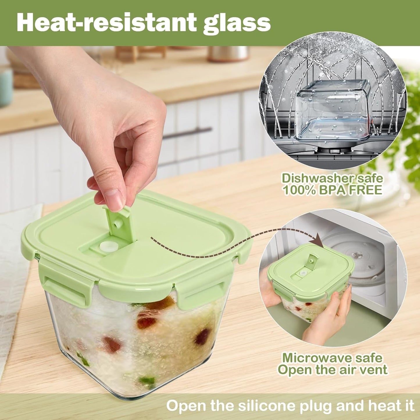 8 Pcs Glass Food Storage Containers with Lids, 4 Cup Airtight Soup Bowl, Square Meal Prep Jar for Fruit, Lunch, Freezer Microwave Safe