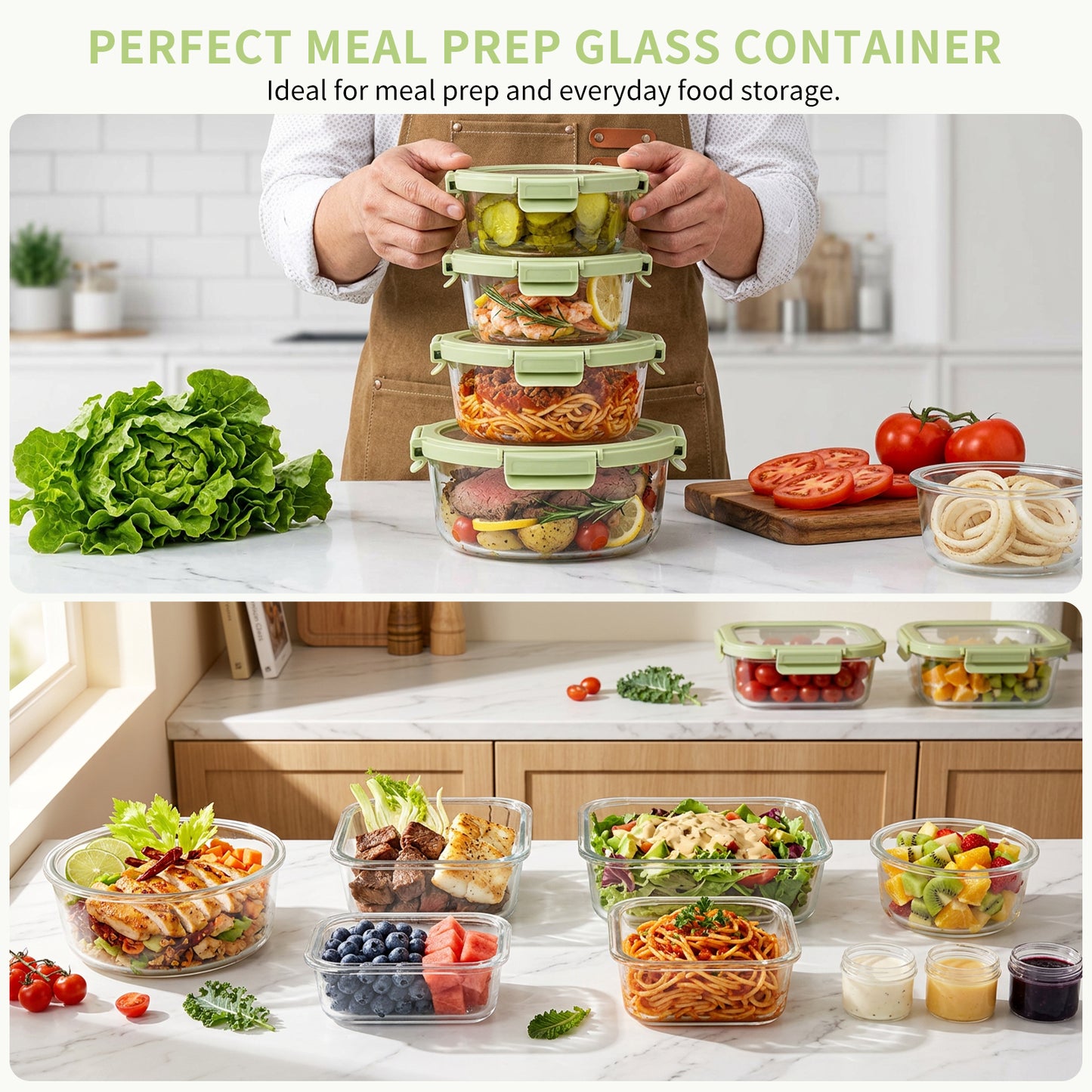 36pcs Glass Food Storage Containers with Lids Set, Airtight Meal Prep Containers (18 Containers & 18 Lids),Green