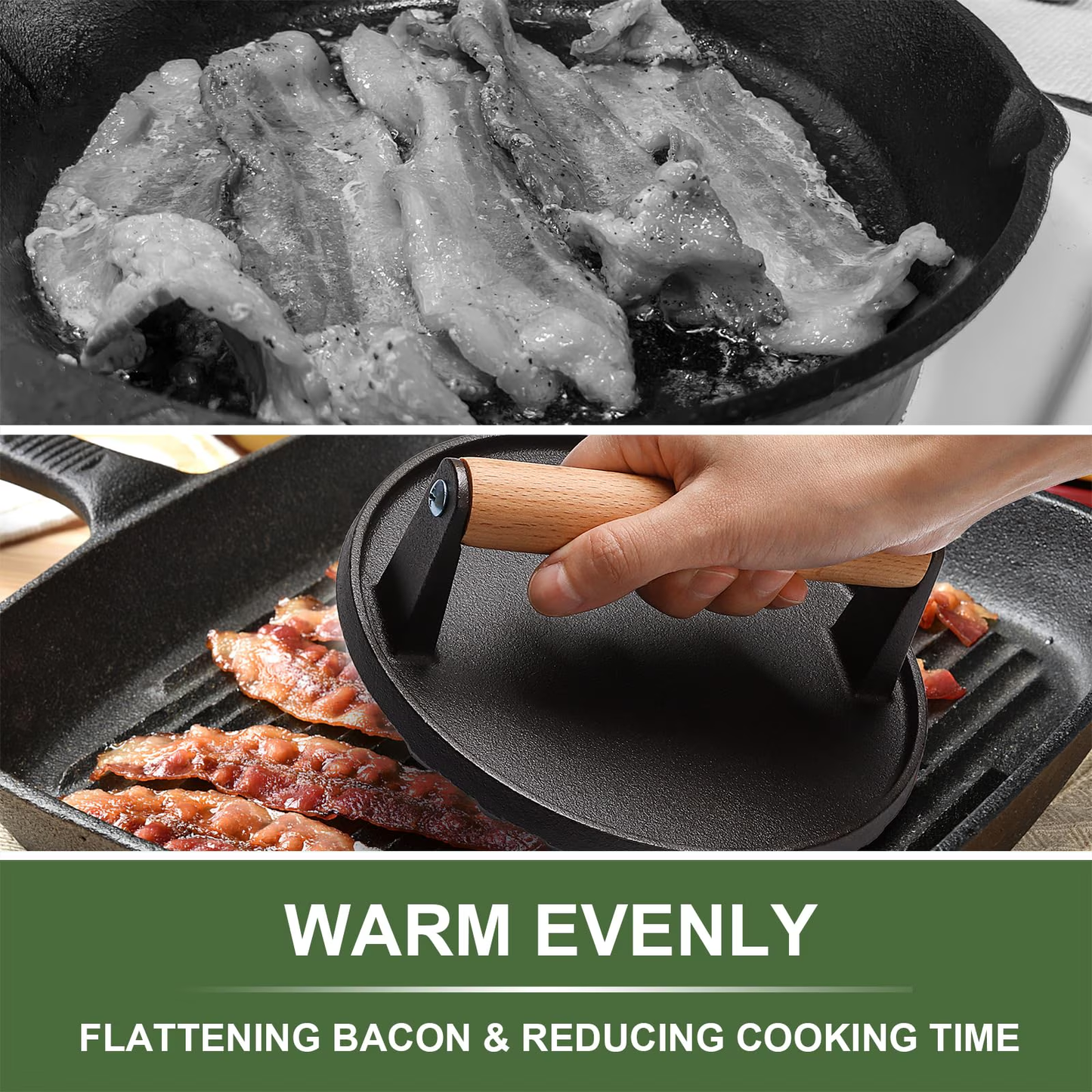 Mibote Burger Press, 2 Pcs Heavy-Duty Cast Iron Smash Bacon Press with Wood Handle for Griddle, Sandwich, Nonstick Pan