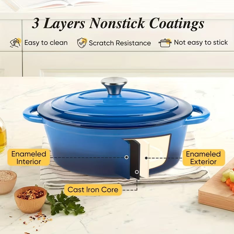 Enameled Oval Dutch Oven Pot , TAIMASI Cast Iron Dutch Oven with Dual Handles and Lid, Non-stick Enamel Coated Cookware for Bread Baking, Cooking, Frying, Oven Safe, Blue