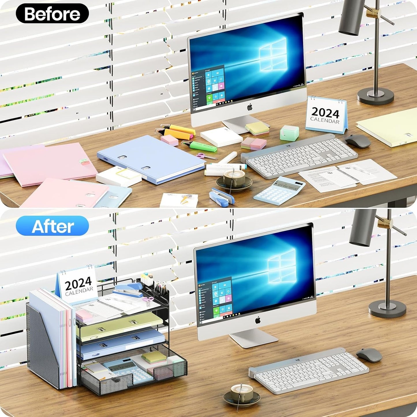 Desk Organizer and Accessories, 4-Tier Desktop File Organizer with Drawer and 2 Pen Holders, Office Desk Accessories & Workspace Organizers (Black)