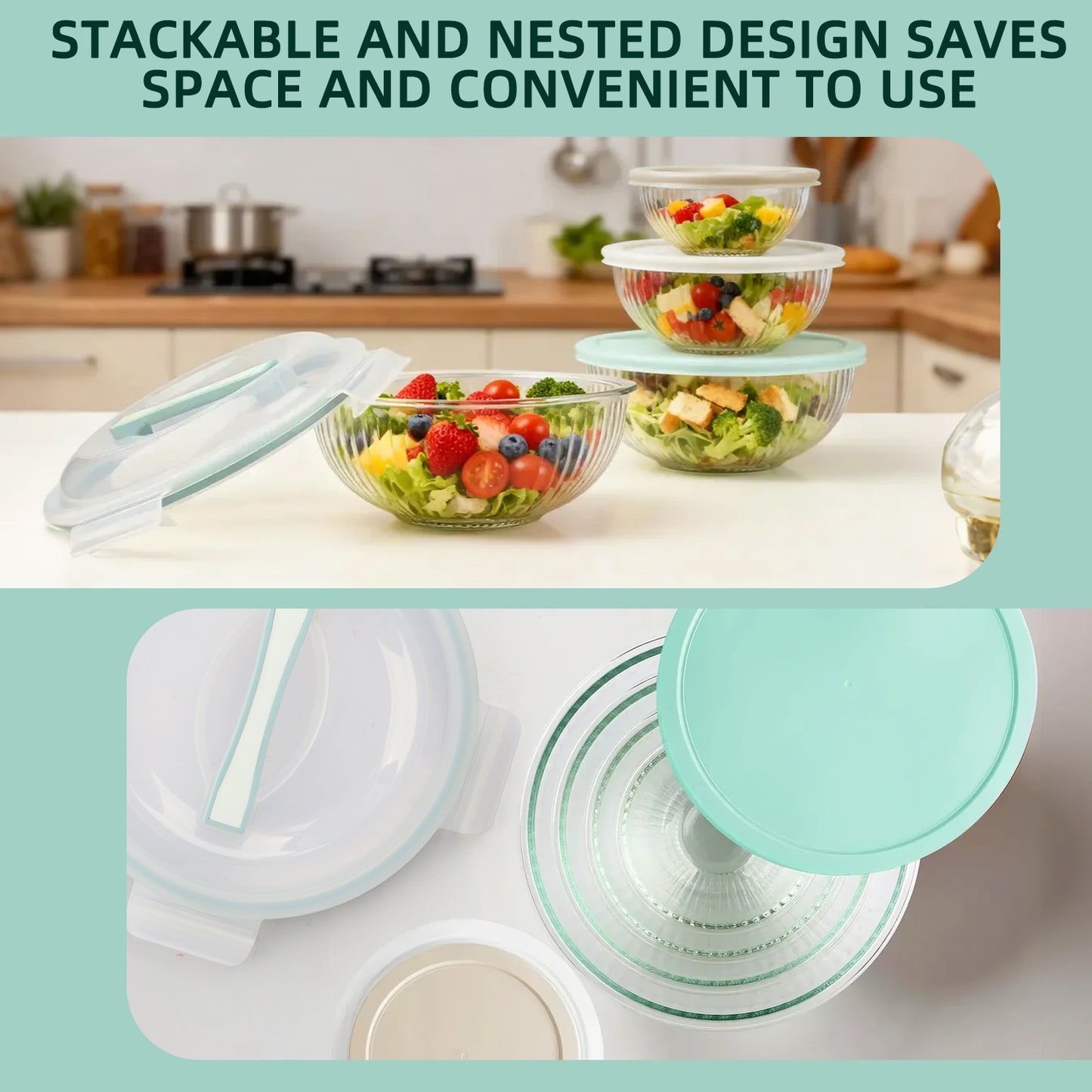 Glass Mixing Bowls Set, AOKIWO 9 Pack 4 Size Glass Food Mixing Bowls with BPA-Free Lids & Baking Tools, Nesting Storage Bowls for Kitchen, Great for Prep, Baking, Serving