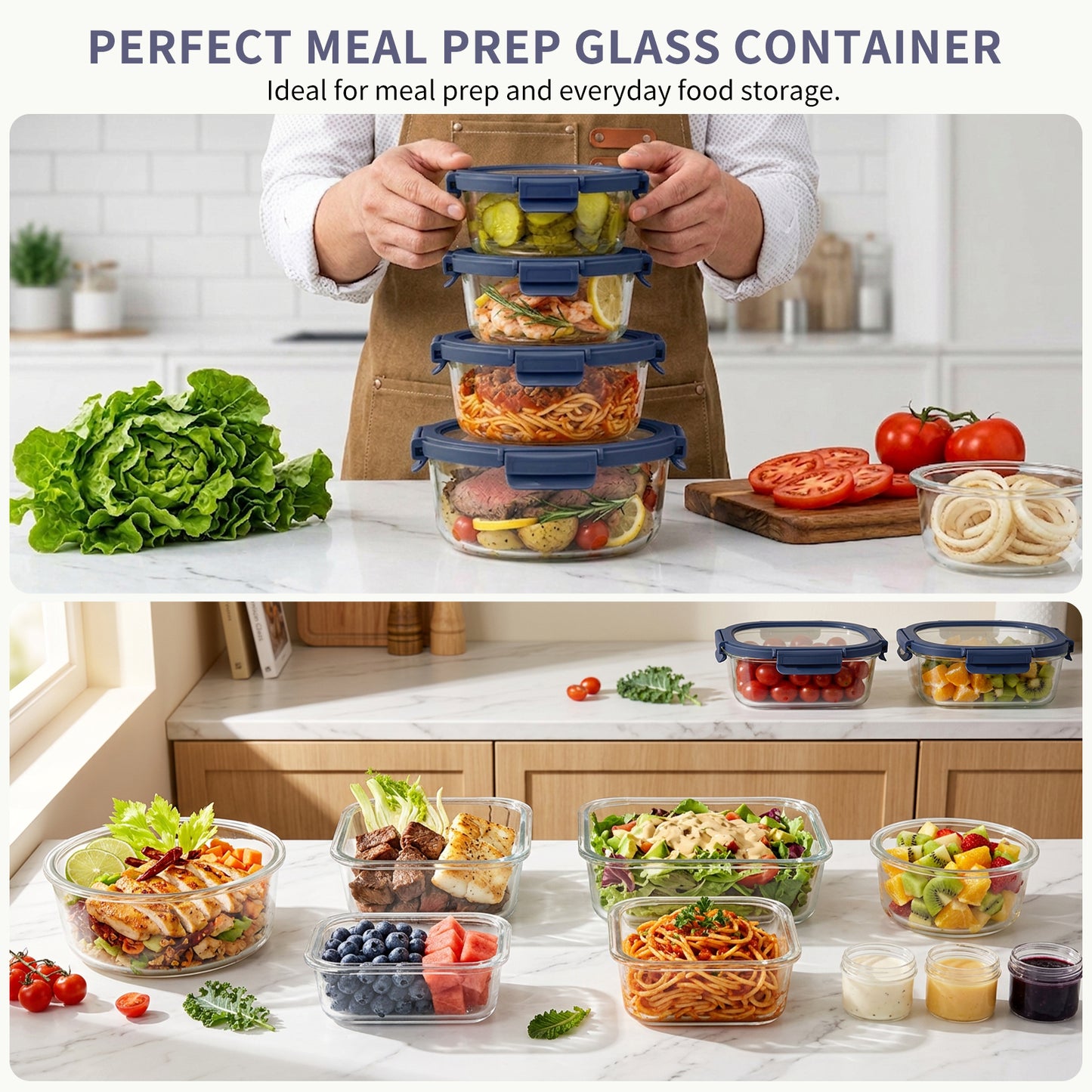 36pcs Glass Food Storage Containers with Lids Set, Airtight Meal Prep Containers (18 Containers & 18 Lids), Blue