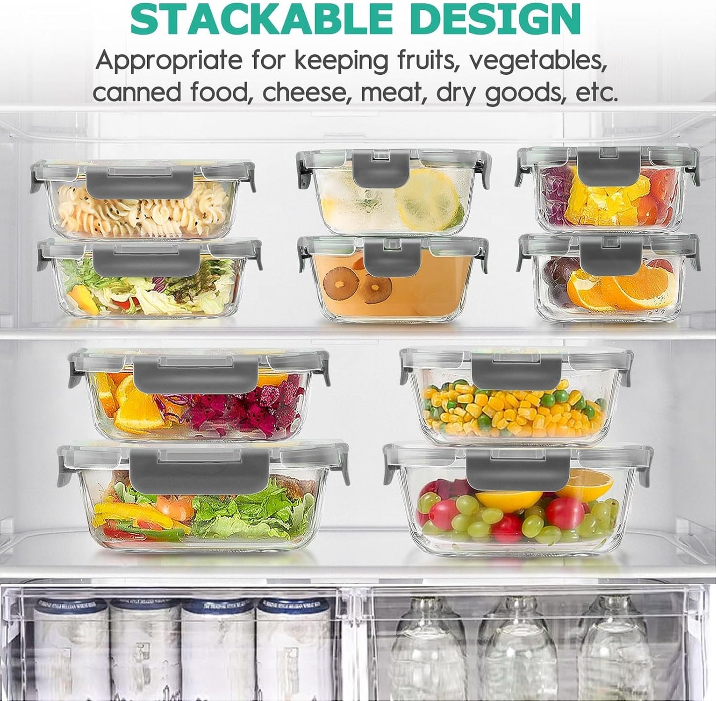 34pcs Glass Food Storage Containers with Lids Set, Airtight Meal Prep Containers (17 Containers & 17 Lids), Gray