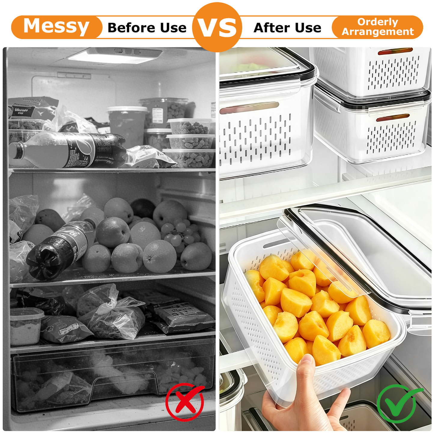 4 Pack Fruit Storage Containers for Fridge with Removable Colanders and Lids, 4 in 1 Leakproof Fridge Organizer Bins for Salad Berry Lettuce Vegetables Meat Keeper Fresh