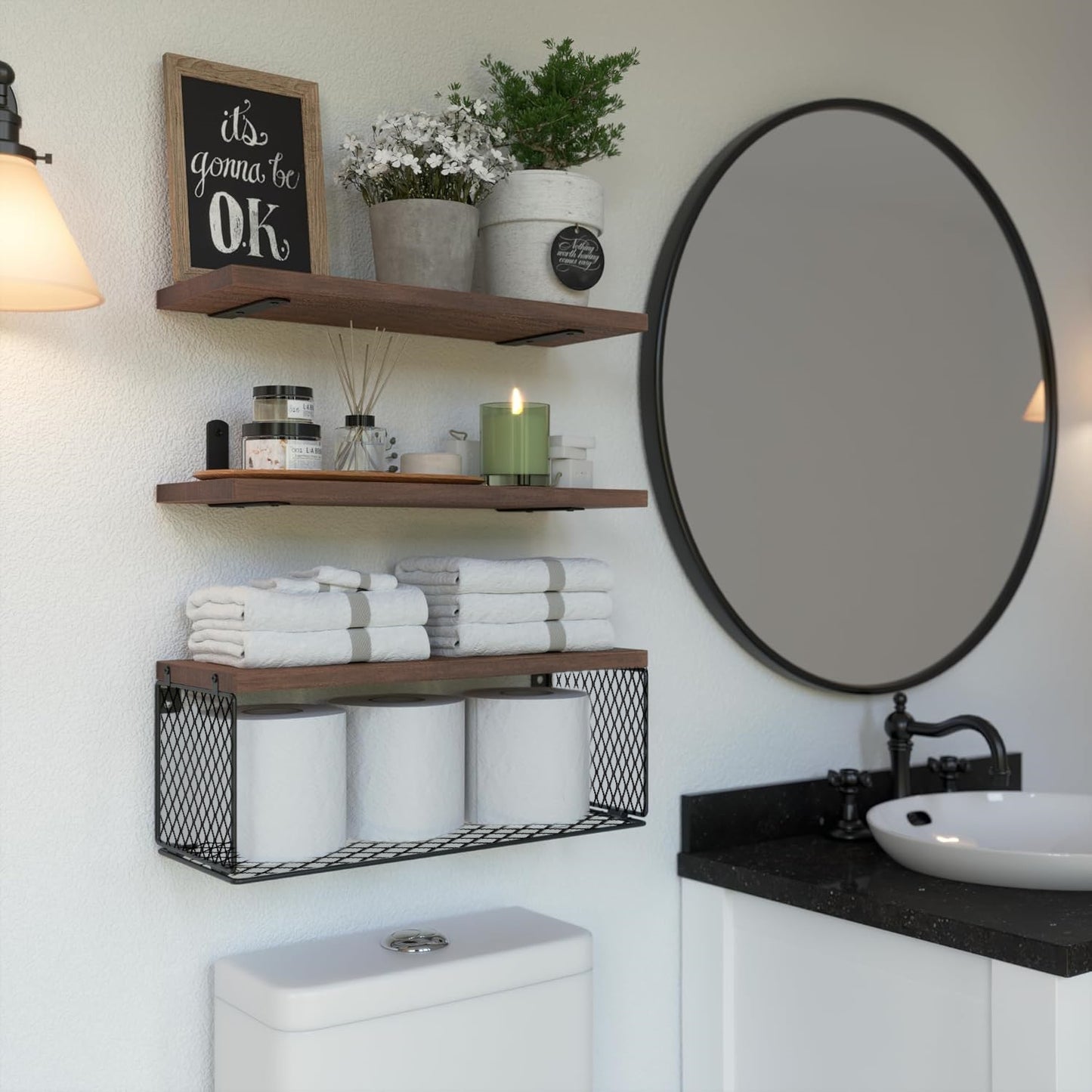 Bathroom Shelf Over Toilet, Bathroom Floating Shelves Wall Mounted with Wire Basket, Floating Shelf for Wall Decor - Rustic Brown