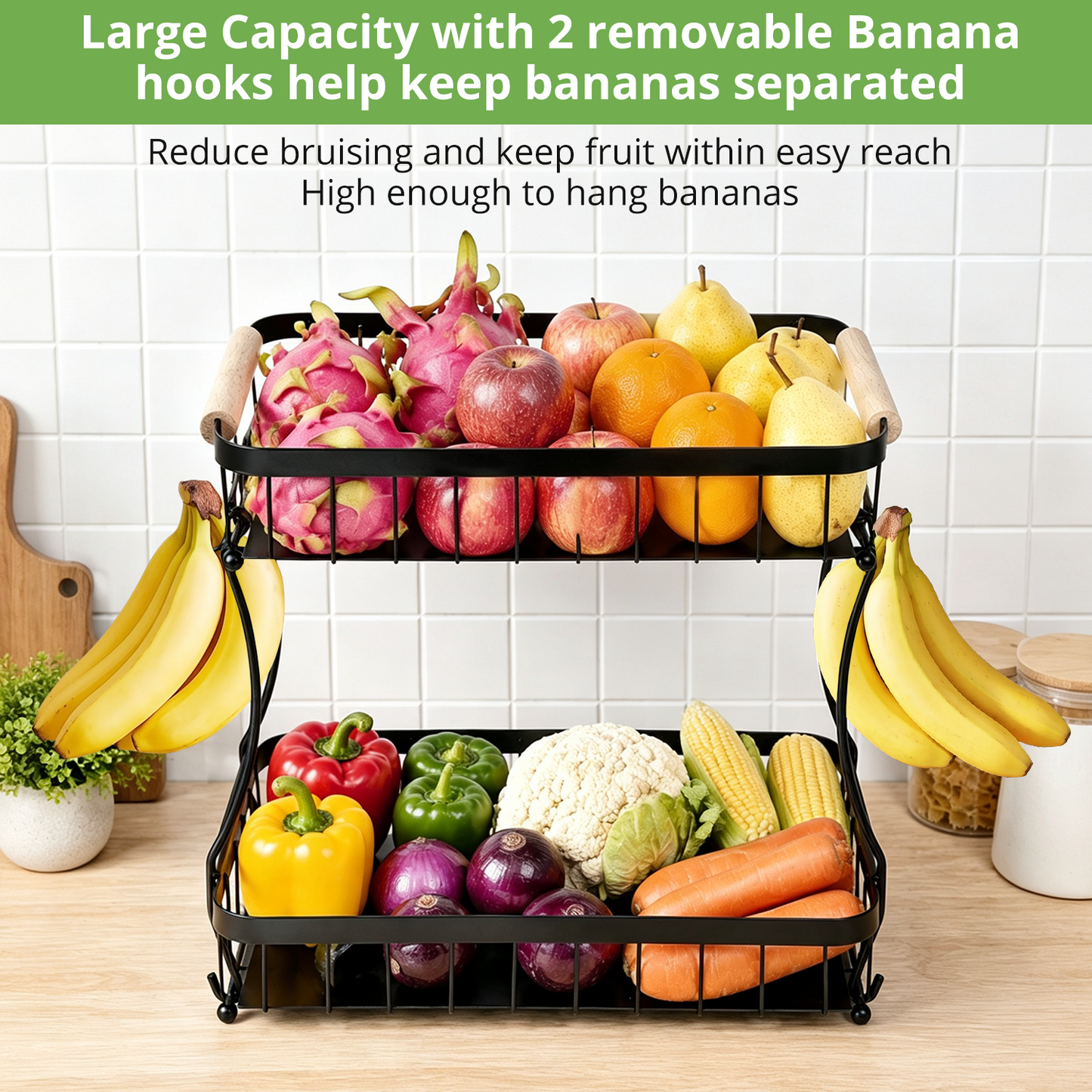 2 Tier Large Fruit Basket for Kitchen Counter with 2 Mobile Banana Hangers, TAIMASI Detachable Metal Fruit Bowl with Wooden Handle, Fruit Holder for Bread Snack Veggies with Protective Mats