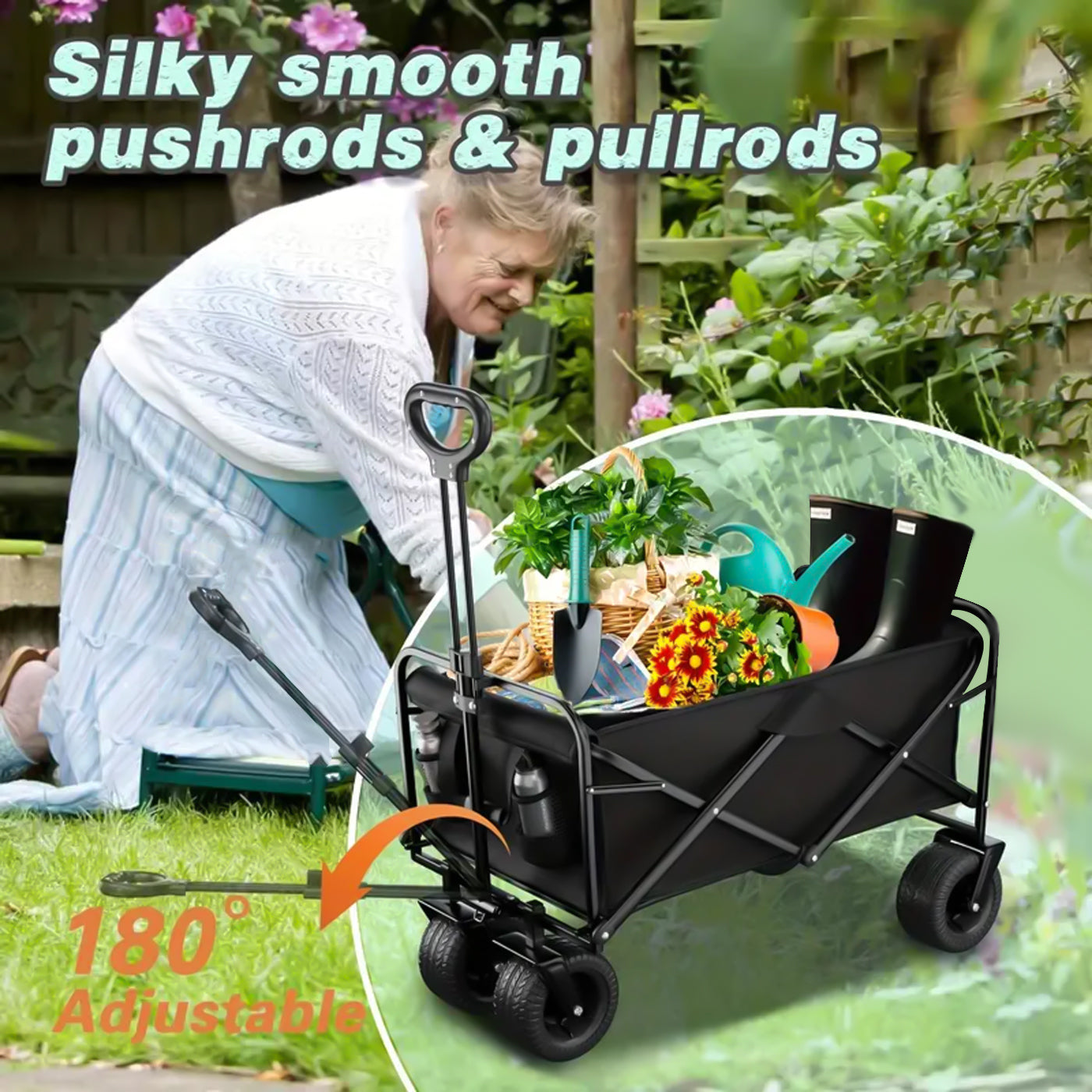 Foldable Outdoor Utility Wagon, Large Capacity Adjustable Pushrod All-Terrain Portable Garden Cart With Beverage Rack - Perfect For Camping, Beach, Sports, Shopping and Outdoor Adventures