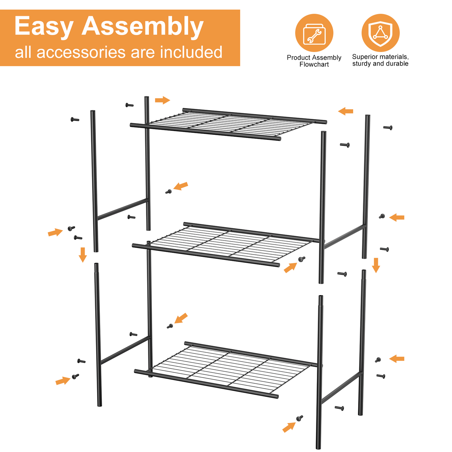 3-Shelf Steel Wire Rack Storage Shelving Organizer, Sturdy Garage Metal Rack, Tiny Versatility Storage Shelves for Kitchen, Pantry, Under Desk, 15.94" L x 10.03" W x 26.77" H, Black