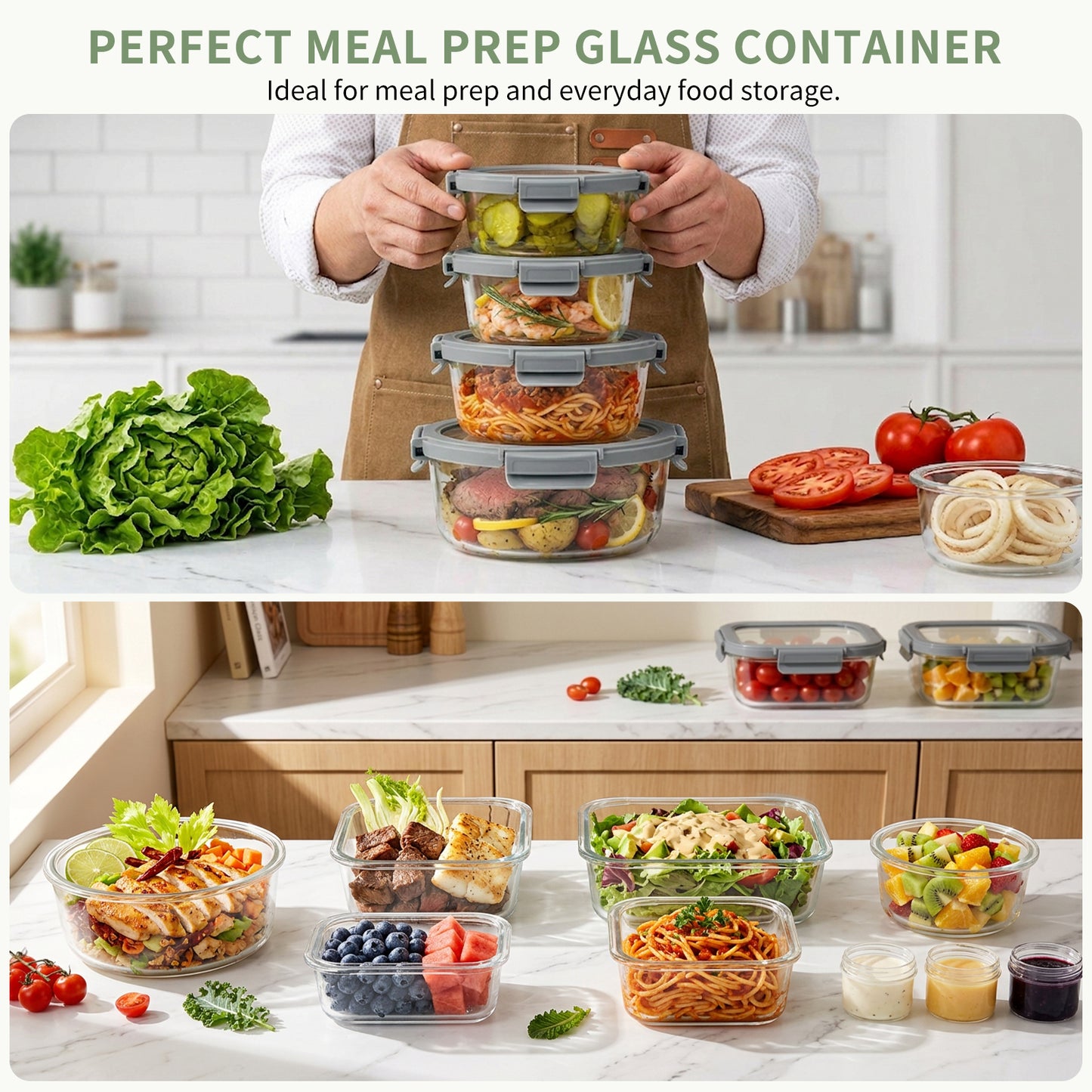 36pcs Glass Food Storage Containers with Lids Set, Airtight Meal Prep Containers (18 Containers & 18 Lids), Grey