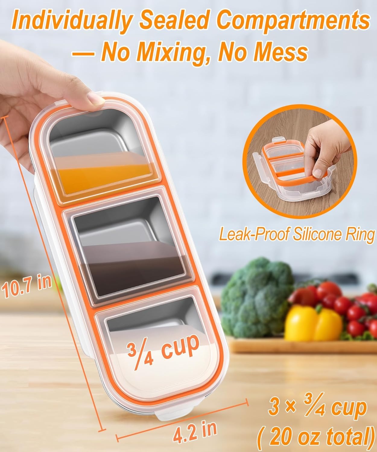 3 Pack Stainless Steel Snack Containers, 3 Compartment Metal Bento Lunch Box with 10 Mini Fruit Forks, Leak-Proof Stackable Meal Prep Containers for Kids & Adults