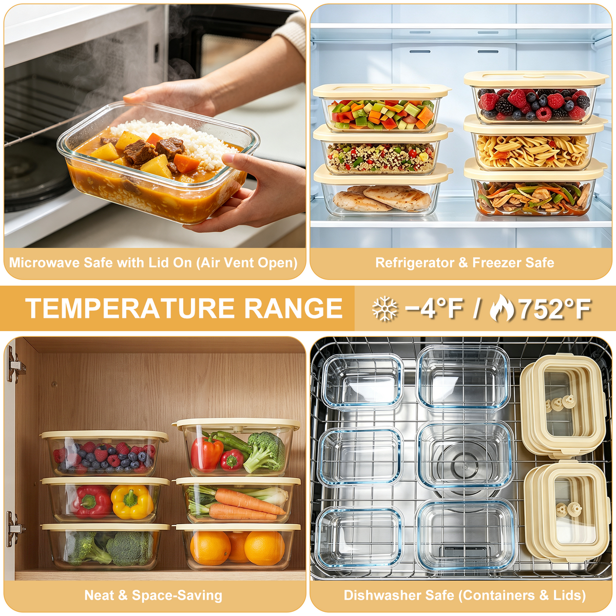 24 Pcs Glass Food Storage Containers with Tempered Glass Lids, Borosilicate Oven-Safe (-4°F~950°F), Airtight Meal Prep Containers (12 Containers & 12 Lids), LeakProof, BPA-Free, Dishwasher Safe