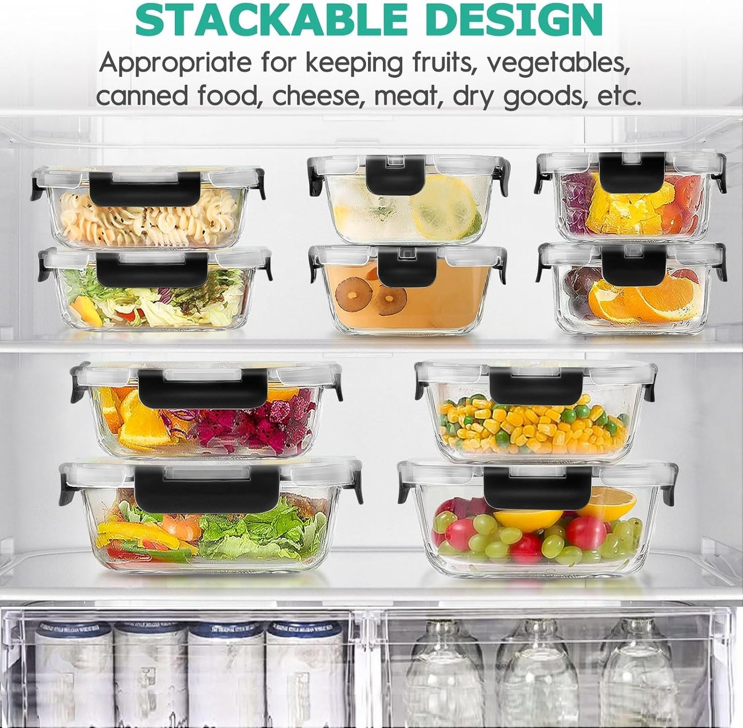 34pcs Glass Food Storage Containers with Lids Set, Airtight Meal Prep Containers (17 Containers & 17 Lids), Black