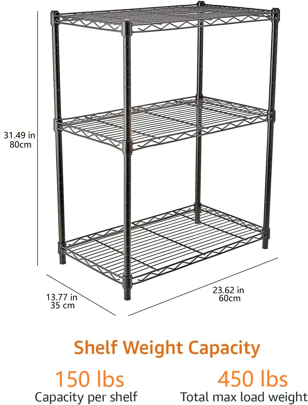 3-Shelf Adjustable Heavy Duty Steel Wire Rack Storage Shelving Organizer for Kitchen, Garage, 23.62" L x 13.77" W x 31.49" H, Black