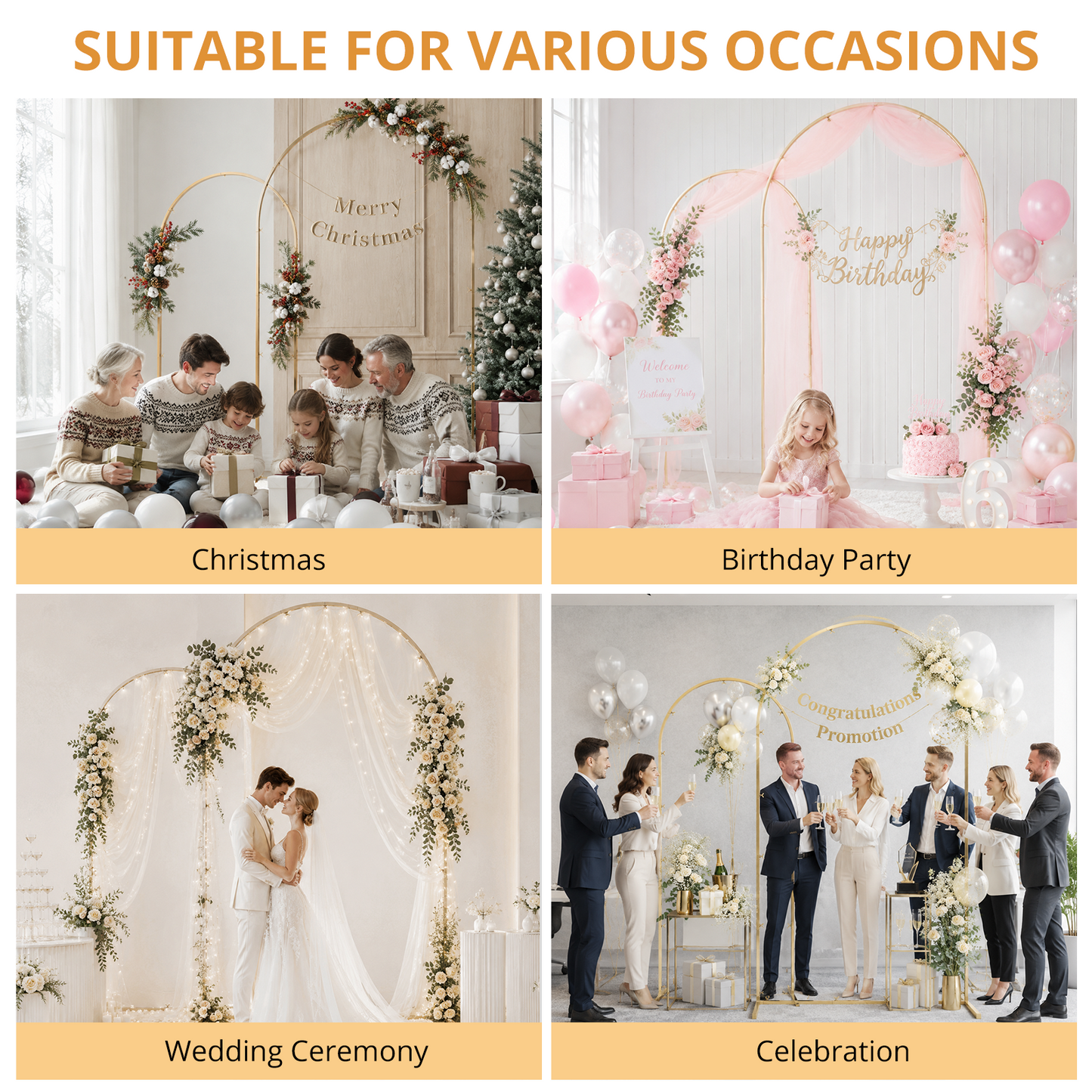 Mibote Metal Arch Backdrop Stand,7.2FT+6.6FT+6FT Gold Wedding Arch Backdrop Stand Set of 3 for Wedding Birthday Party Decor