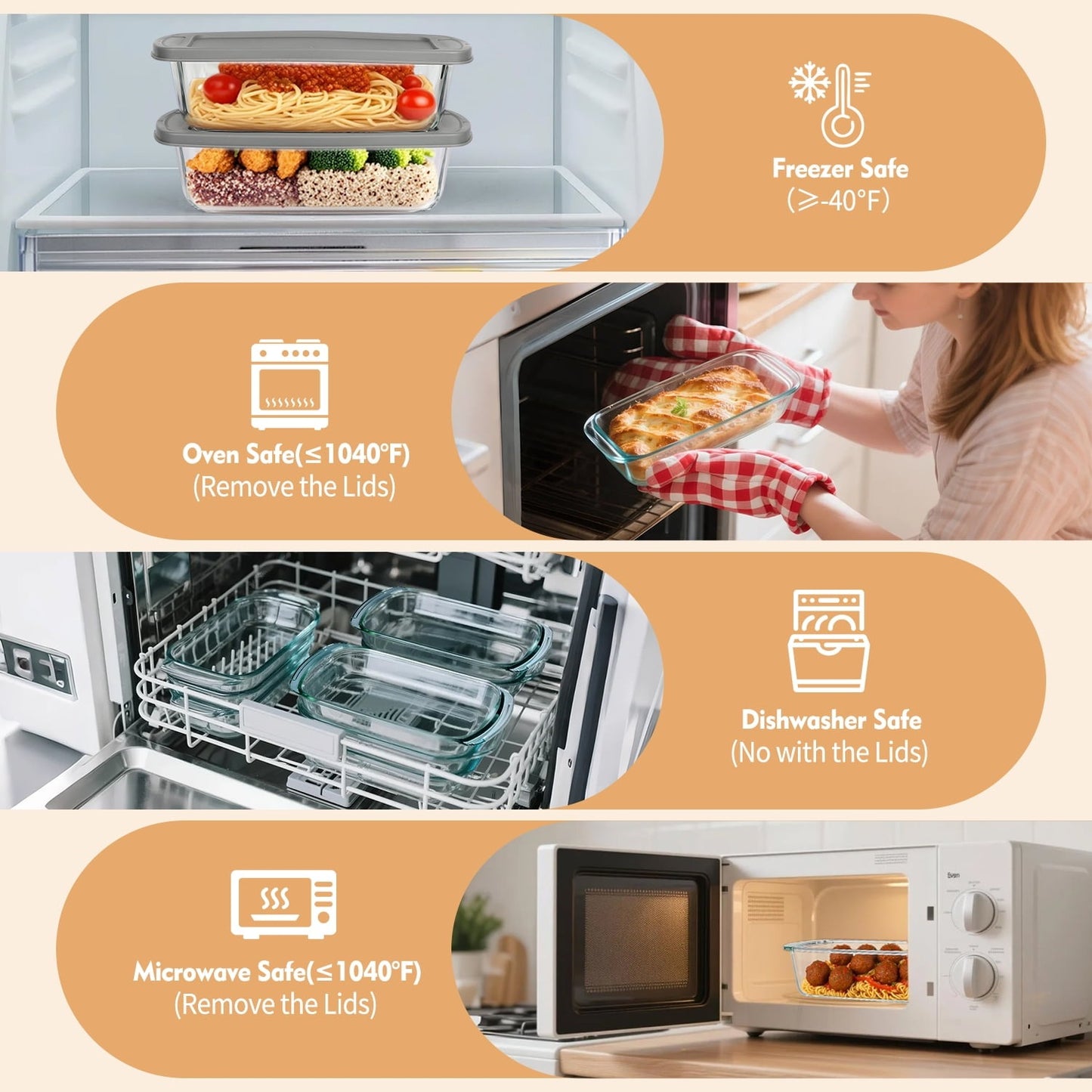 3 Pack Glass Loaf Pan Set with Lids - 1.9 Qt/1800 ML Stackable Glass Bread Baking Dishes, Airtight Meal Prep Food Storage Containers, Oven & Microwave Safe, Dishwasher Safe, Grey
