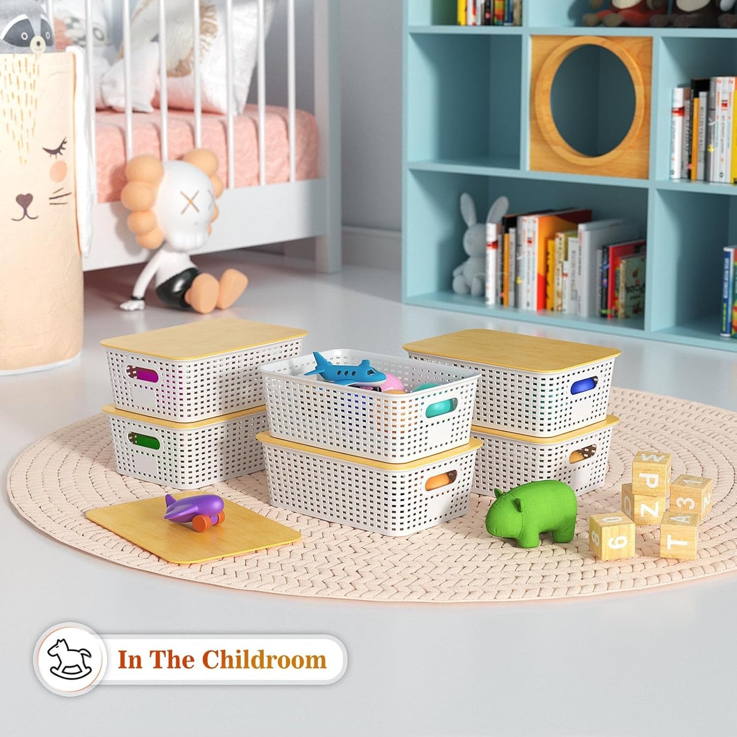 6 Pack Stackable Plastic Storage Baskets with Bamboo Lids, Storage Containers for Organizing Shelves, Drawers, Desktop, Closet, Office & Classroom, Includes Labels & Pen