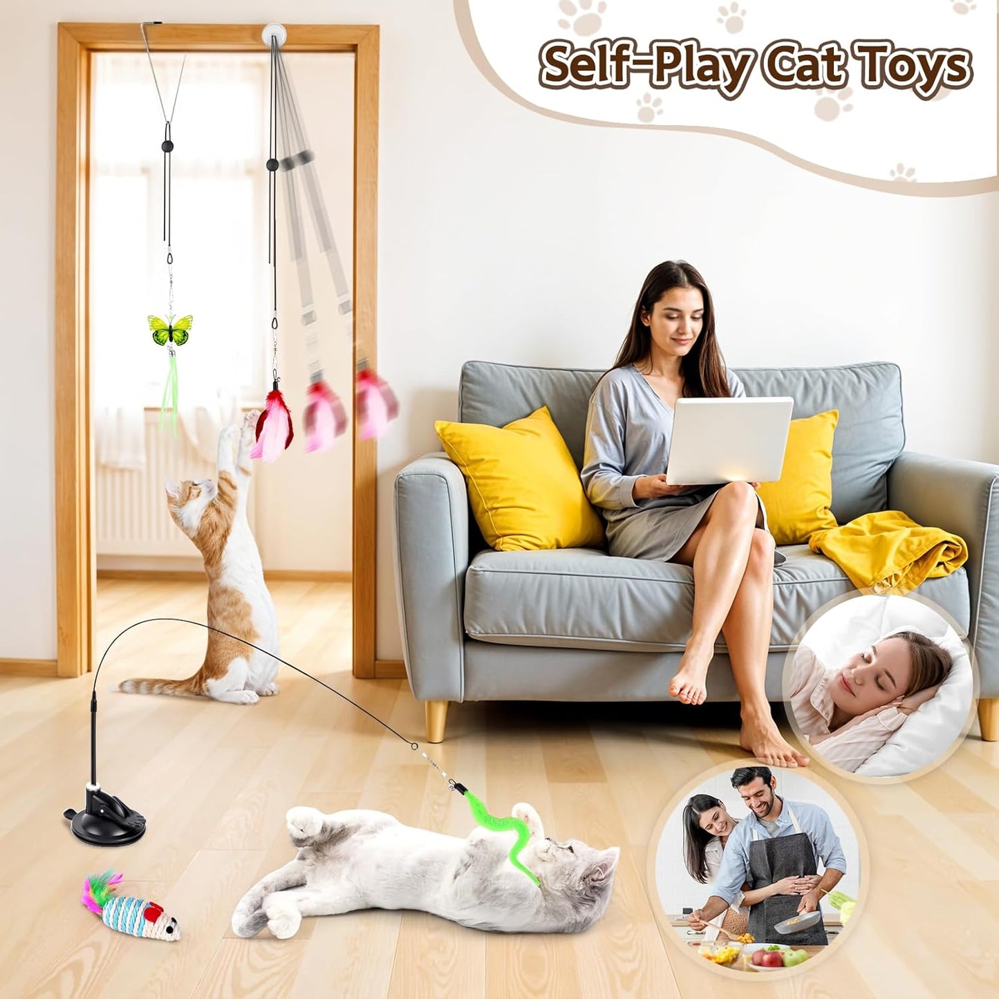 Cat Toys, 14Pcs 4 in 1 Indoor Adult Cat Interactive Toys, Hanging Door Kitten Wand with Suction Cup Removable Feathers Balls Mice Butterfly Streamers
