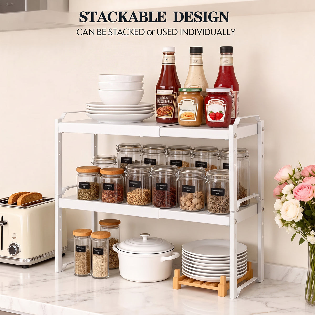 2 Pack Expandable Cabinet Organizer Shelves, Stackable Kitchen Countertop and Pantry Storage, Adjustable Cupboard Shelf Rack, Length 20.5"