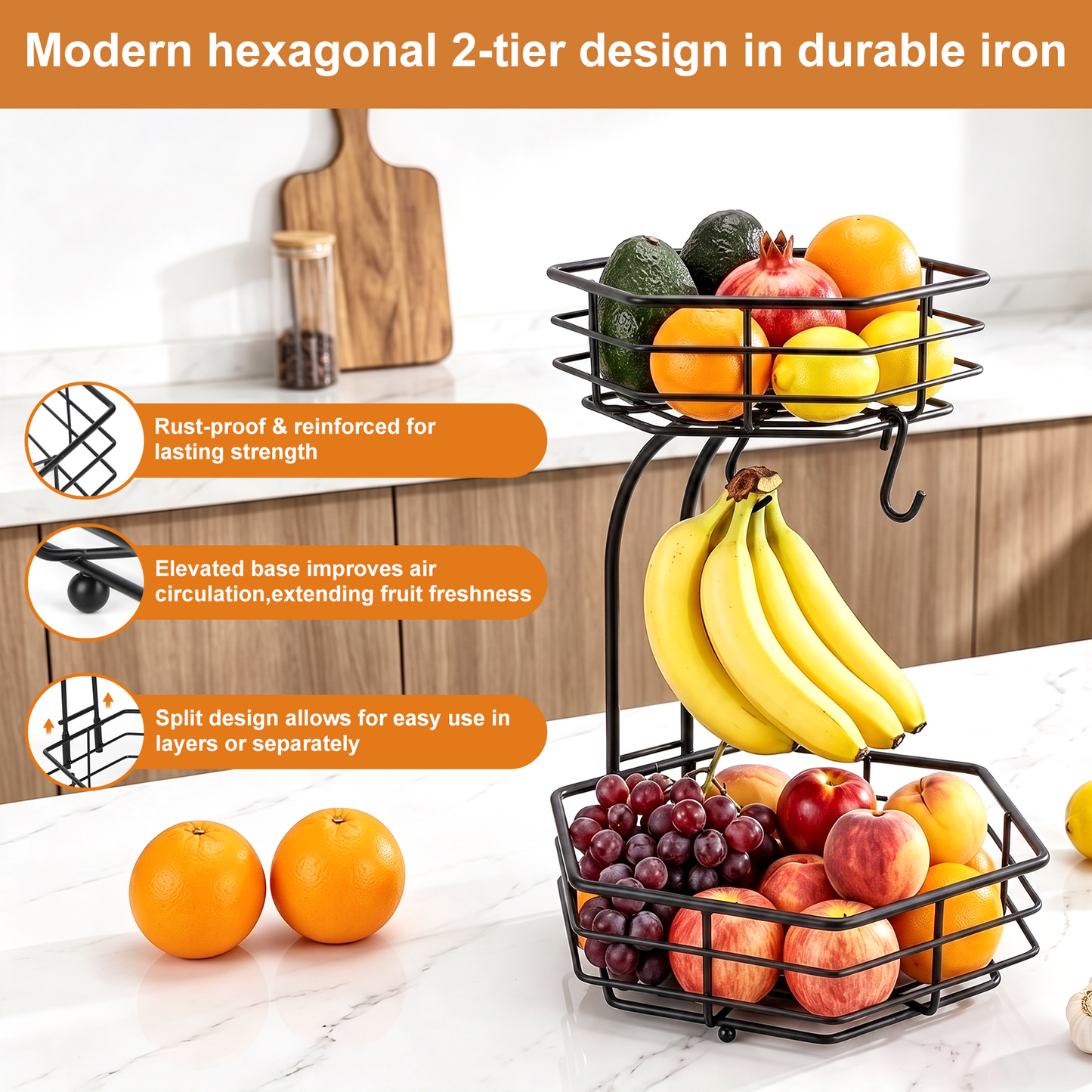 2 Tier Detachable Metal Fruit Basket for Kitchen Counter with 2 Banana Hangers, TAIMASI Stackable Hexagonal Metal Fruit Bowl for Bread Vegetable Fruits, Black