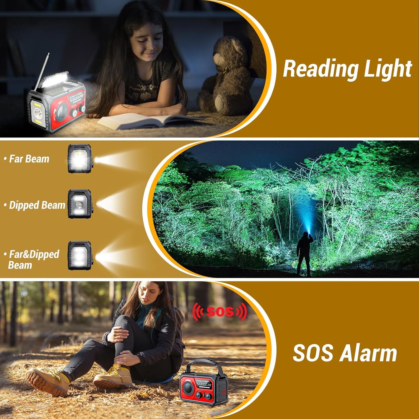 16000mAh Emergency Weather Radio, DOMNIU AM/FM/NOAA Weather Alert Radio, Hand Crank/Solar/Type-C Rechargeable Outdoor Solar Radio with Reading Lamp SOS Alarm 3 Mode Flashlight Power Bank(Red)
