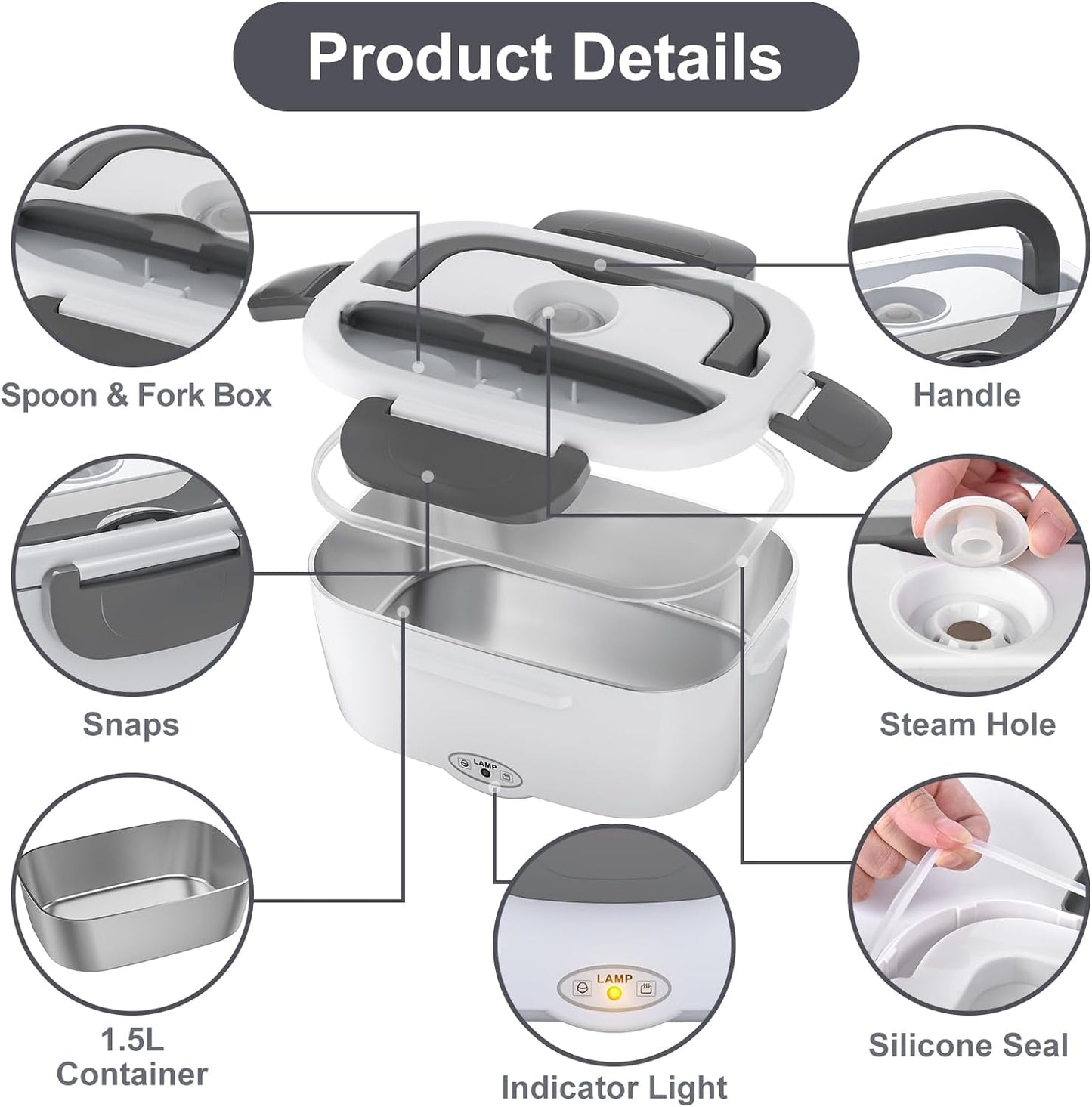 Electric Lunch Box Food Heater, AOKIWO 60-80W Electric Heating Lunch Boxes Lunch for Car/Men/Adults/Home/Work, 1.5L Removable 304 Stainless Steel Container, 110V/12V/24V, with Fork & Spoon