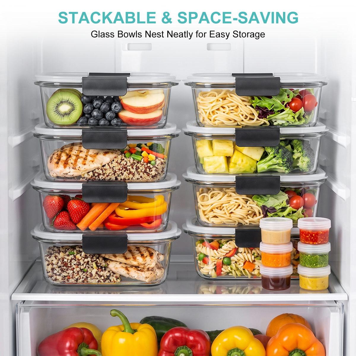 20 Pcs Glass Food Storage Containers with Lids, Glass Meal Prep Container Sets with Snap Airtight Lids, Meal Prep Containers with Sauce Cups, Microwave, Oven, Freezer & Dishwasher Safe, Leak-Proof