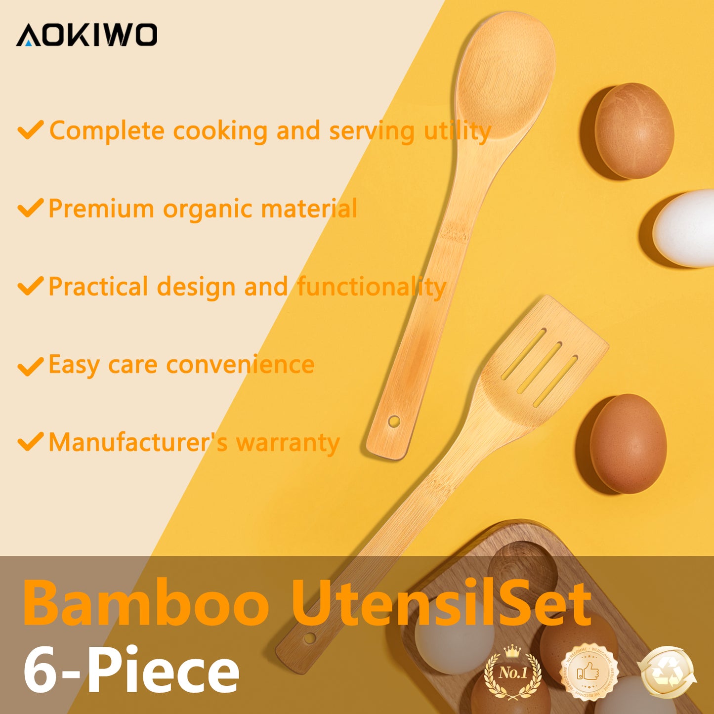 Wooden Spoons for Cooking, AOKIWO 6Pcs Banboo Spatula Spoon Tongs Utensils Set for Kitchen Cookware