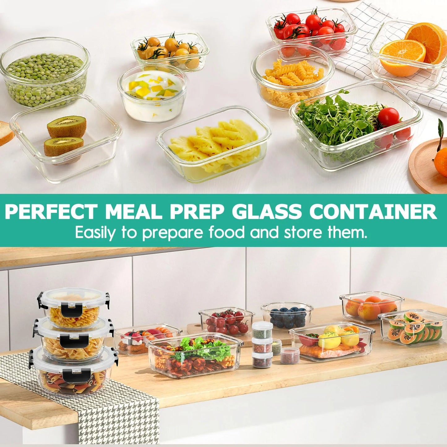 34pcs Glass Food Storage Containers with Lids Set, Airtight Glass Meal Prep Containers (17 Containers & 17 Lids),Leak Proof Lunch Containers BPA-Free, Microwave, Oven, Freezer, Dishwasher,Black