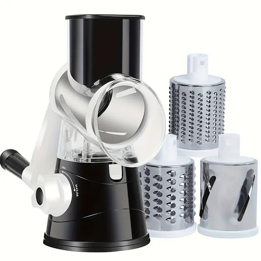Cheese Grater Rotary Cheese Shredder Grater for Kitchen,Manual Stainless Steel Vegetable Slicer with Handle Potato Slicer with Suction Base, Black