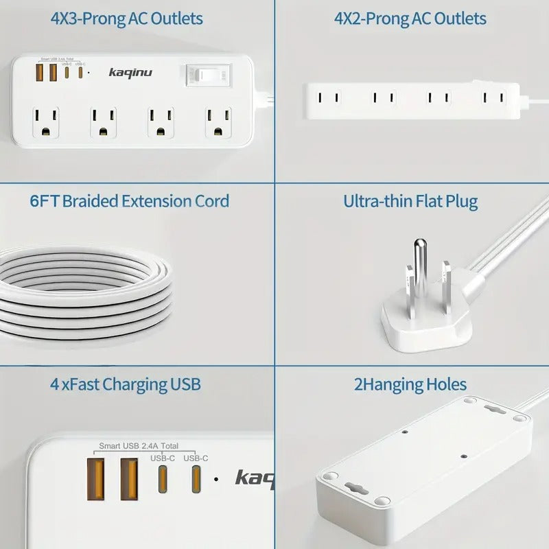 Power Strip Surge Protector, 6ft Flat Extension Cord with 4 USB Wall Charger(2 USB C Port), 8 Widely-Spaced Outlets Power Strip Compact for Travel, Office, Dorm Room Essentials