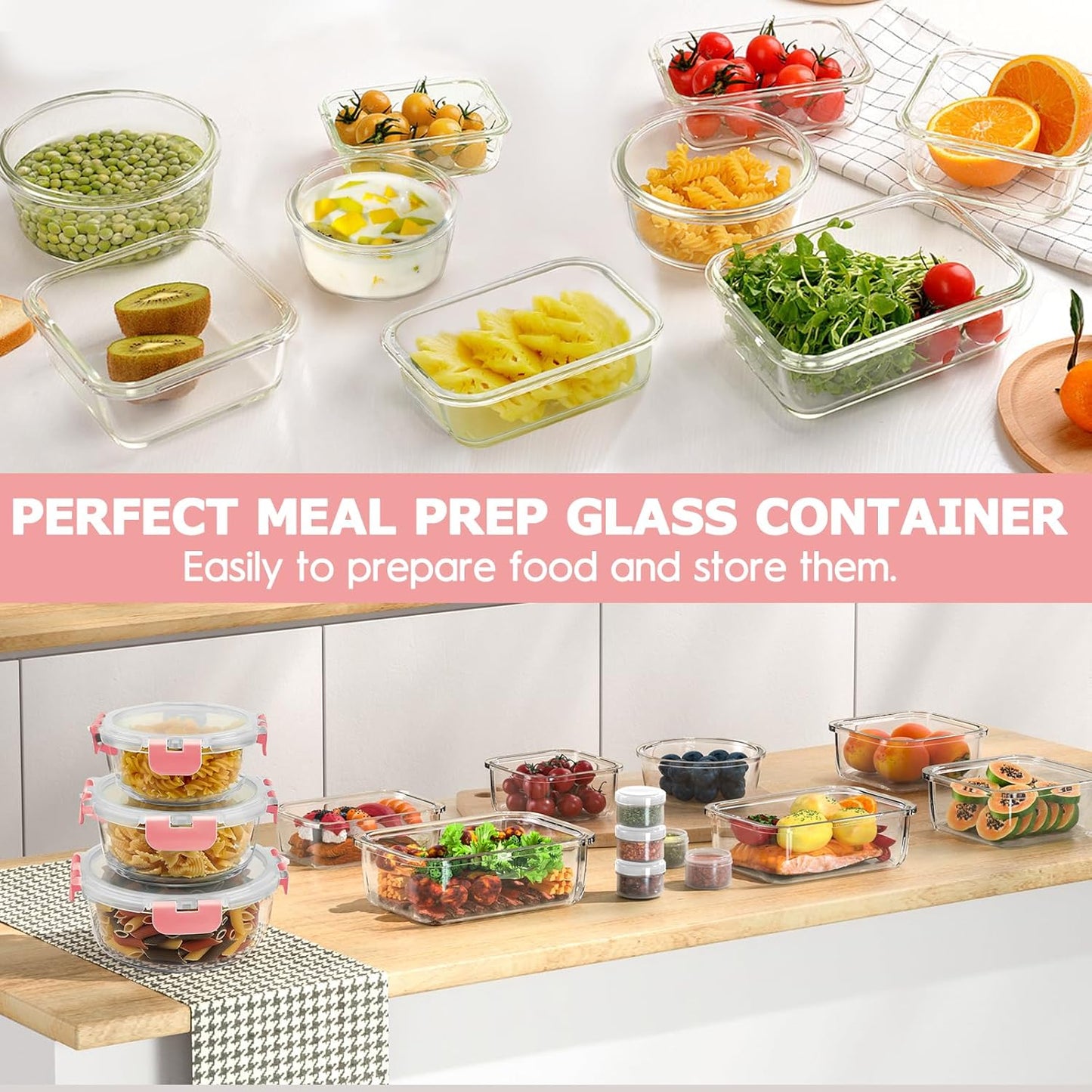 34pcs Glass Food Storage Containers with Lids Set, Airtight Glass Meal Prep Containers (17 Containers & 17 Lids),Leak Proof Lunch Containers BPA-Free, Microwave, Oven, Freezer, Dishwasher,Grey