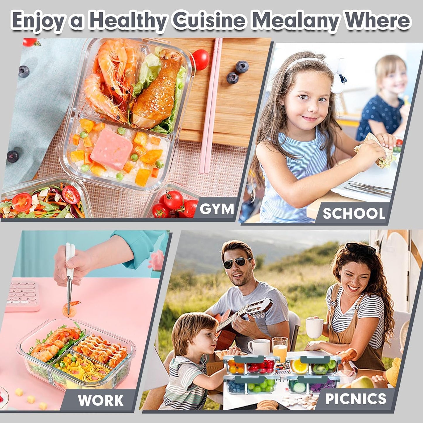 8 Pcs Glass Food Storage Containers with Lids, 2 & 3 Compartment Glass Airtight Meal Prep Containers, Oven & Freezer Safe, Kitchen Pantry Organizers and Storage, Leak Proof - Grey