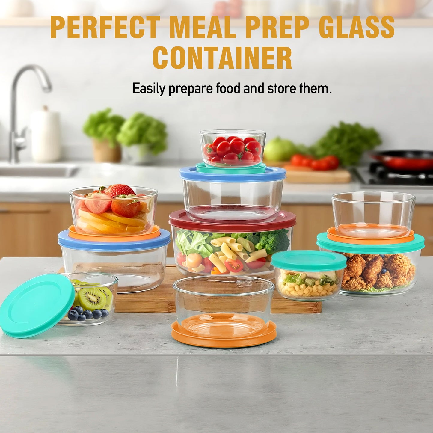 14 Pcs Glass Food Storage Containers Set - 7, 4, 2 & 1-Cup Round Containers with Lids, BPA-Free, Dishwasher & Microwave Safe Lunch Box