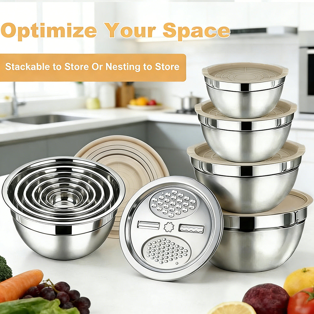 Mixing Bowls with Airtight Lids Set, 30 PCS Stainless Steel Mixing Bowls Set with Colander & Grater, Kitchen Serving Gadgets and Accesseries, Size 4.5, 3, 2.5, 2,1.5,1, 0.75 QT, Khaki