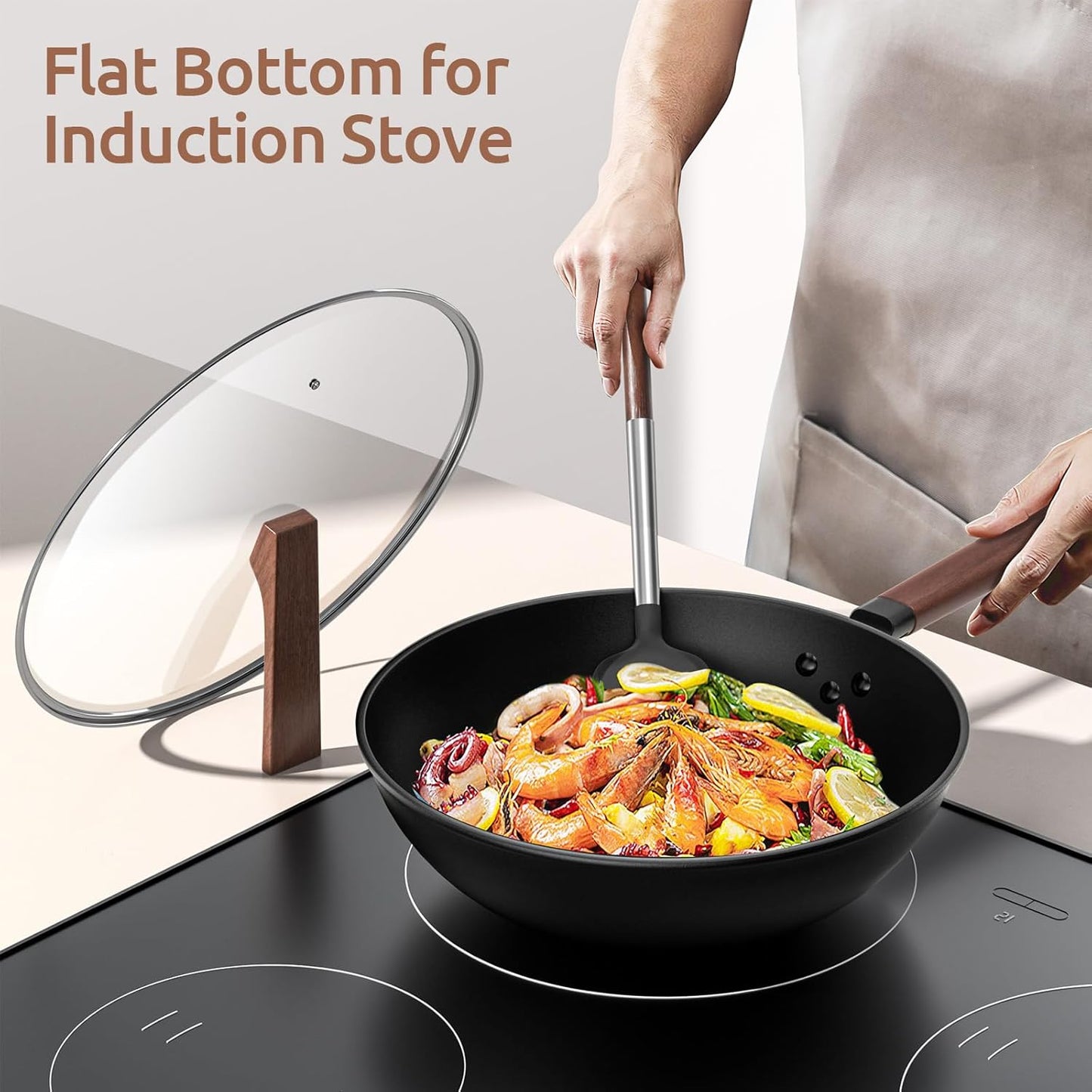 13-Inch Nonstick Wok, Carbon Steel Wok Pan with Glass Lid & and Silicone Spatula, Flat Bottom Woks & Stir-Fry Pans No Chemical Coated Wok