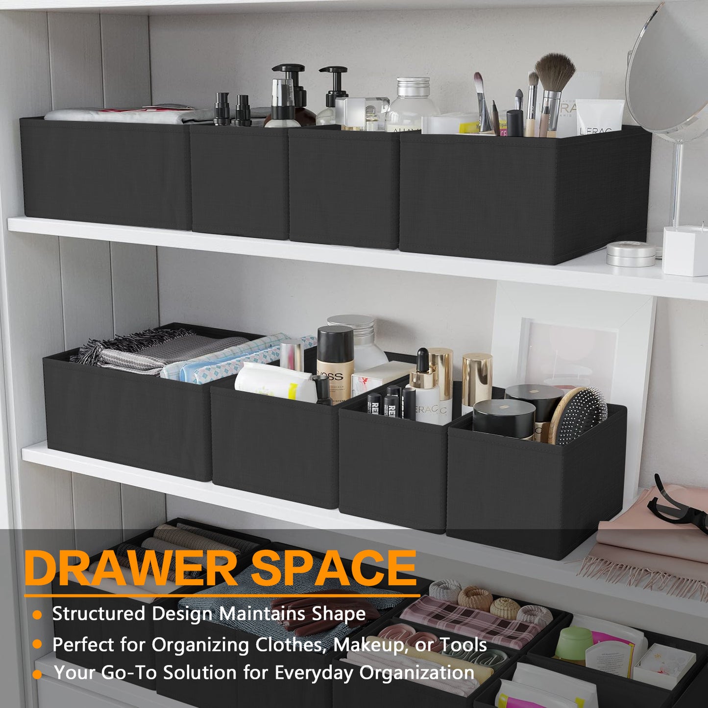 12 Pack Drawer Organizer Clothes, Dresser Organizer Bins for Nursery, Closet Organization and Storage Dividers for Clothing, Underwears, Socks - Black
