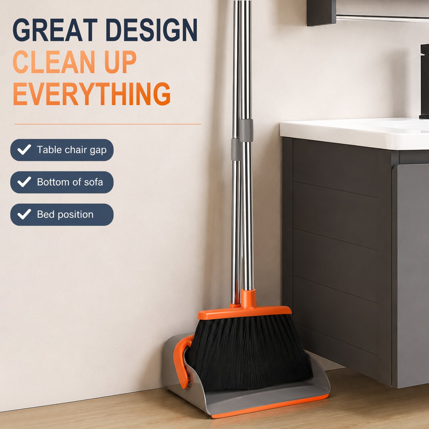 Upgrade Broom and Dustpan Set, TAIMASI Broom with Dustpan Combo with 52" Long Adjustable Handle, Ideal for Indoor Outdoor Garage Kitchen Room Office Lobby (Gray&Orange)