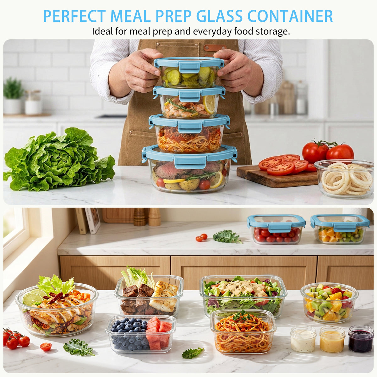 36 Pcs Glass Food Storage Containers with Tempered Lids Set, Borosilicate Oven-Safe(-4°F~950°F), Airtight Meal Prep Lunch Box Containers (18 Containers & 18 Lids), Milk blue