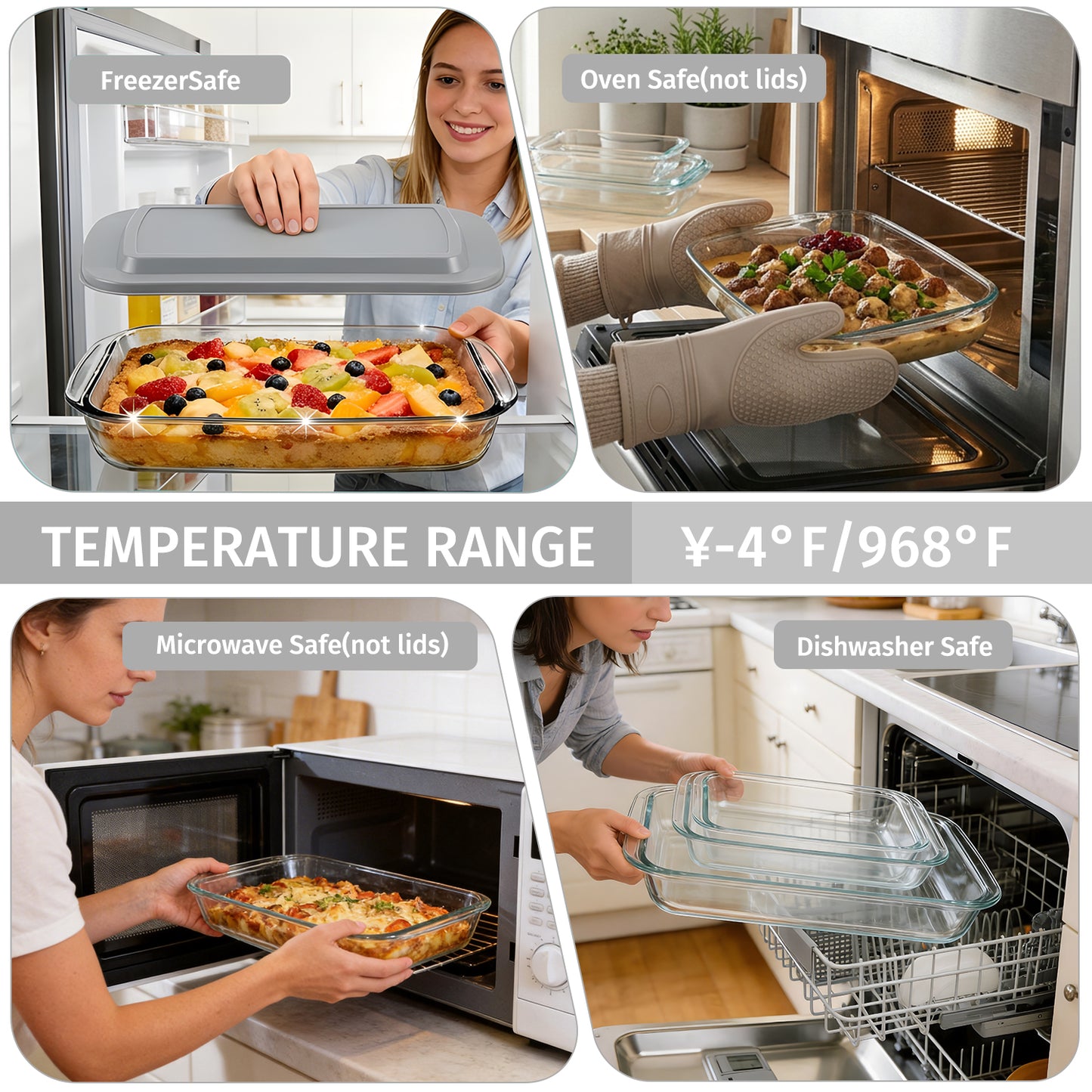 11 Pcs Deep Glass Baking Dish Set with lids/Egg Separator/Brush/Spatula, Rectangular Glass Baking Pans Bakeware Set for Lasagna, Leftovers, Cooking, Freezer-to-Oven, Gray